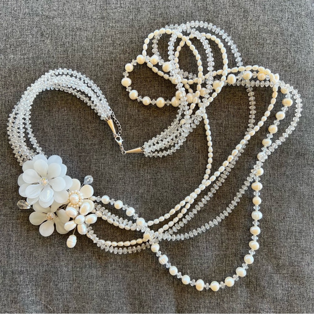 Aurora Borealis Faceted Five-Strand Crystal And Freshwater Pearl Necklace Flower